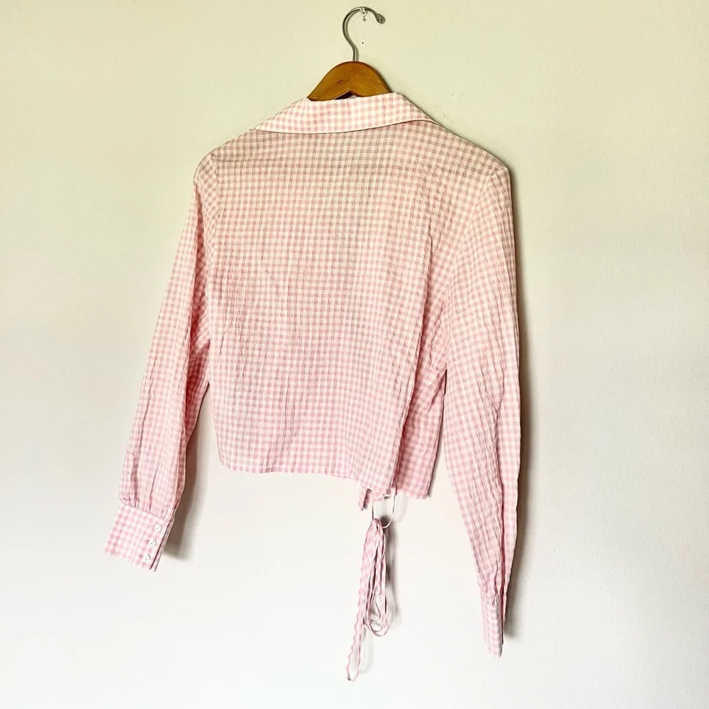 & Other Stories Seersucker Pink White Gingham Wrap Blouse - Picture 8 of 9